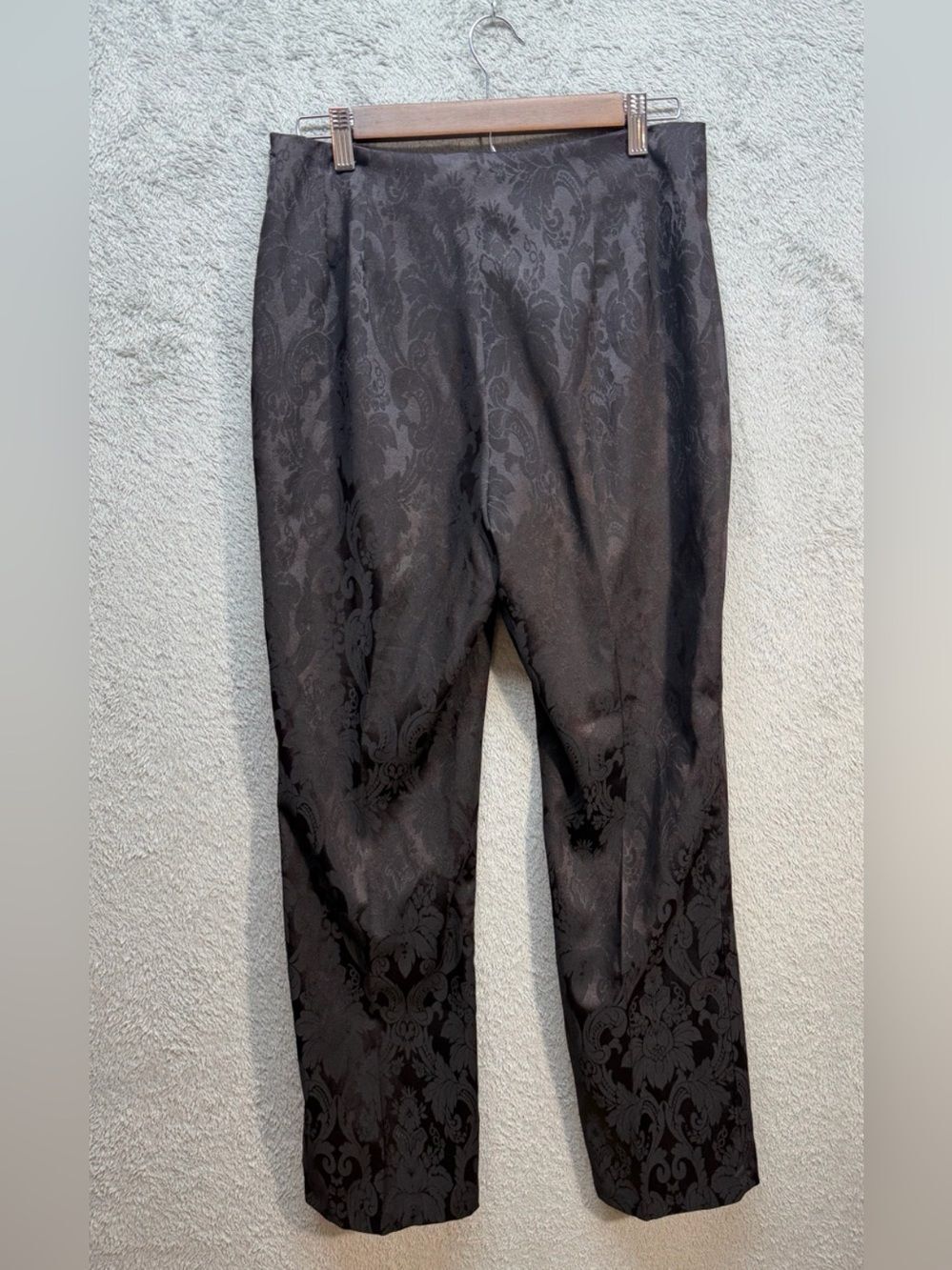 VTG First Option Black Damask Jacquard Trousers Flat Front Straight Leg Pants